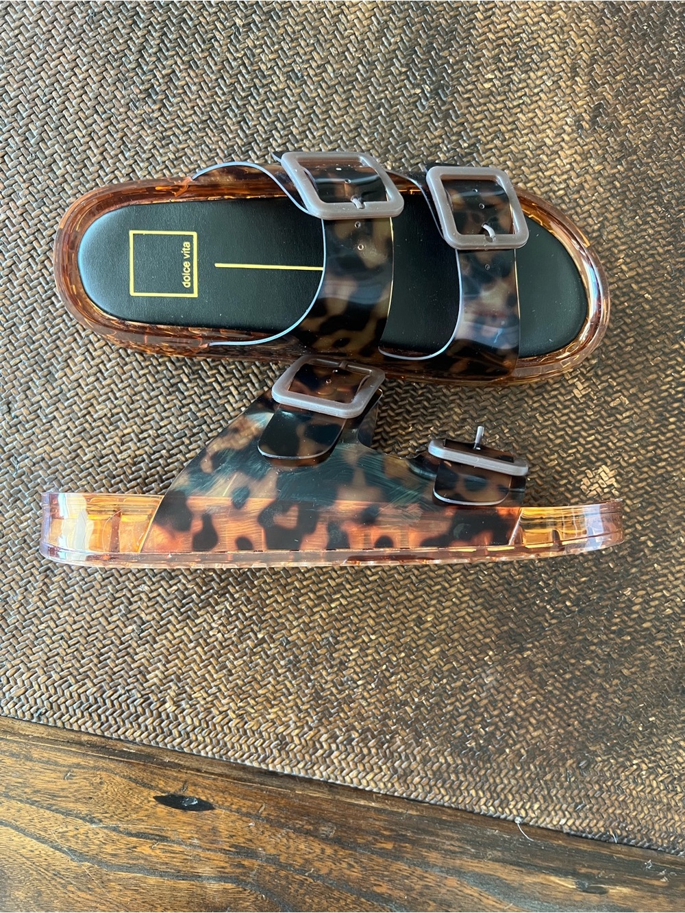 Dolce Vita Clear Brown Tortoise Double-Buckle Slide Sandals - Picture 2 of 3